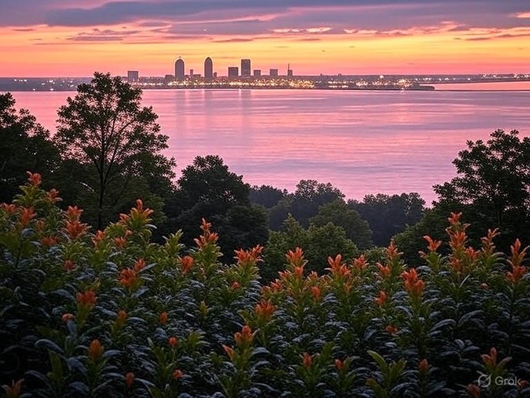 Chapin Forest scenic overlook view of Lake Erie and Cleveland skyline.